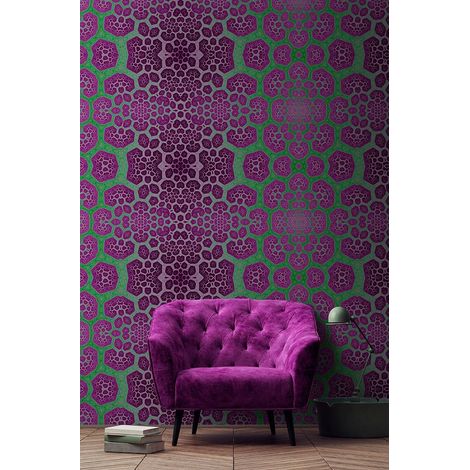 Papier peint panoramique graphique original | Tapisserie panoramique verte et violette | Papier peint panoramique tendance à motif pour salon - 270 x 400 cm (4 pièces) (1/5)