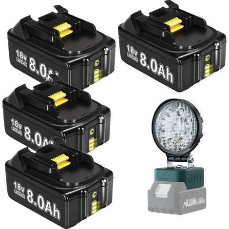 Batteria per elettroutensili, capacità 8000 mAh, compatibile con BL1830, 4 x 8,0 Ah, 1 x luce da lavoro (1/2)