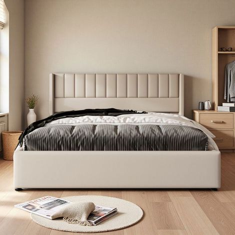 Cama 160x200 cm - NEXU - Beige - Cabecera acolchada - Estructura metálica - 300 kg de carga (1/5)