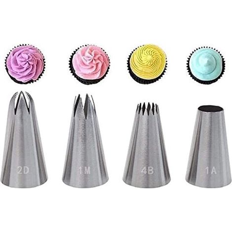 Dailygoods Spritztüllen Set 4 große Tüllen Edelstahl DIY Backzubehör Dekorierdüsen für Cupcakes und Kekse