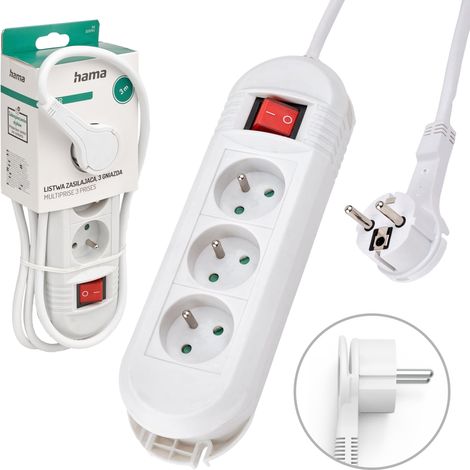Multiprise avec Interrupteur Bloc 3 Prises 16A Rallonge 3m Prise Multiple économie d'énergie Prises 45° Boucle de Suspension Mural 3680W Cable H05VV-F3G1.5 Blanc (1/4)