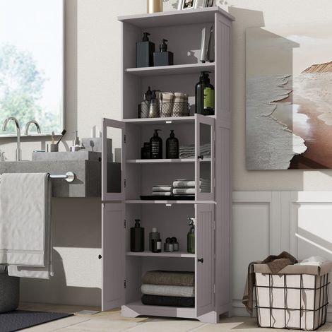Placard haut salle de bain 57,4x28,5x160 cm,porte mixte verre bois,espaces de rangement,cloisons ajustables,finition grise.