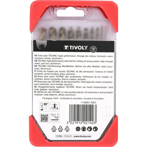 Tivoly • Scatola da 10 Punte Technic Metallo Cobalto Graduate contenenti Ø1-2-3-4-5-6-7-8-9-10mm