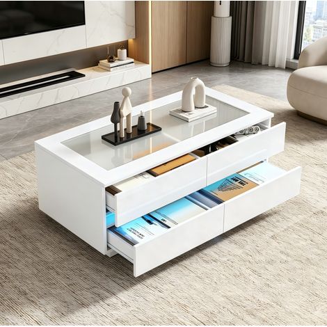 Mesa baja 100 x 50 x 40 cm con 4 cajones, LED, tablero de vidrio templado blanco DESVIAE (1/5)