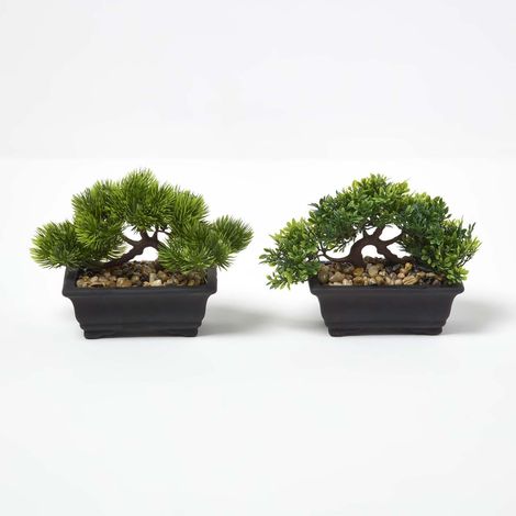 HOMESCAPES Set of 2 Artificial Bonsai Trees in Decorative Pots, 15 cm Tall (1/5)