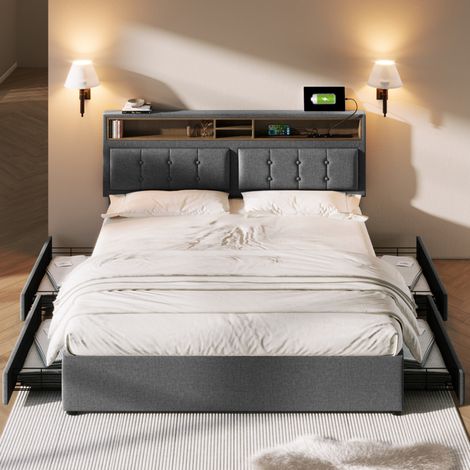 Cama doble con almacenaje y carga USB gris OKMYHOME (1/5)