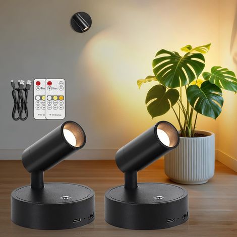 Spots LED Rechargeable Sans Fil Intérieur, Noir, Lot de 2 Applique Murale USB avec Télécommande, 3 Couleurs, Spots LED Muraux Sans Fil pour Éclairage de Tableaux Plantes et Chambre (1/5)