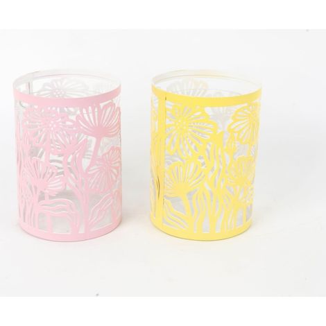 TrendLine Windlicht Blumen Metall/Glas Ø 9 x 12,5 cm 2-fach sortiert Windlicht