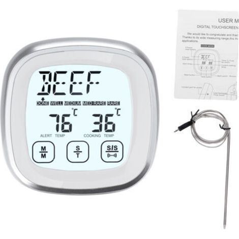 Digitales Lebensmittelthermometer, Grillfleischthermometer mit Timer, 9 voreingestellte Modi, 5 Kochstufen, Magnetfuß und Edelstahl-Temperaturfühler, Durchfluss (1/5)