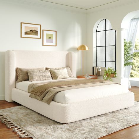 Cama tapizada 180/200 cm en bouclé beige con somier de láminas y cabecero acolchado (1/5)