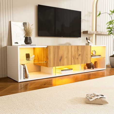 Meuble TV 160 cm avec LED 16 couleurs, 2 tiroirs, blanc et bois DESVIAE (1/5)