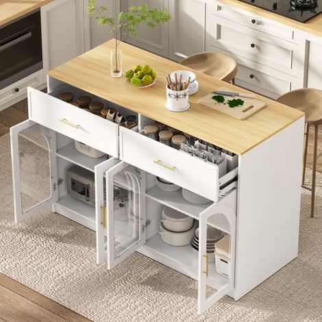Îlot de cuisine 135x55x91 cm en MDF blanc avec LED, rangement intégré pour cuisine – MEUBLIV (1/5)