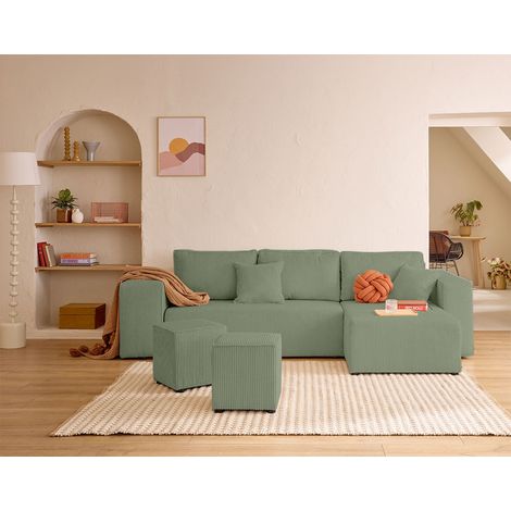 Topaze - 4-sitzer ecksofa beidseitig montierbar - schlaffunktion und bettkasten, tablet und poufs - aus cordstoff - salbeigrün