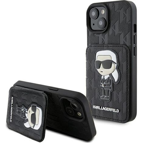 Karl Lagerfeld KLHCP15SSAKKNSCK iPhone 15 / 14 / 13 6,1 Zoll schwarze/schwarze Hartschalen-Hülle aus Saffiano-Leder mit Kartenfächern und Ständer, Monogram Ikonik Patch (1/5)
