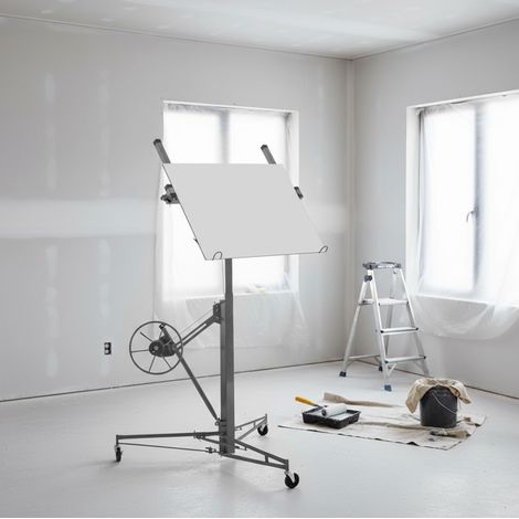 Support de plaque plâtre réglable en acier gris, hauteur 140-335 cm, capacité 68 kg, 3 roulettes avec frein, inclinaison 60° (1/5)