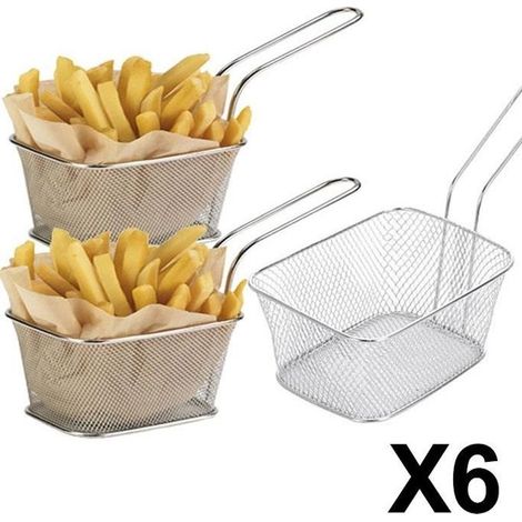 6 Minis Paniers à Frites Individuels Grande Portion - Inox - 14x11x7 cm