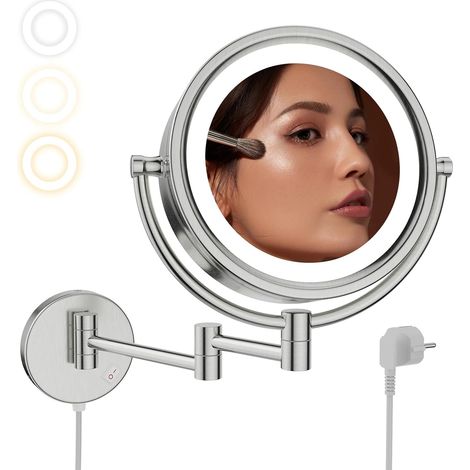 Miroir de maquillage mural avec éclairage mural - En nickel brossé - Extensible - Avec grossissement 5 x - Pivotant à 360° - Diamètre : 20 cm (1/5)