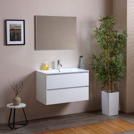 Mueble De Baño 80 Cm Con Dos Cajones Blanco Madera, Lavabo En Cerámica Berlin (1/5)