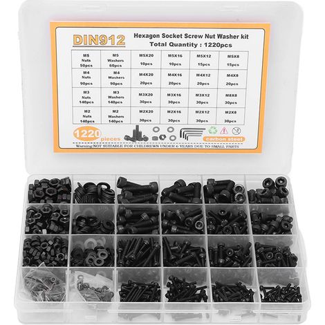 1220Pcs Hex Socket Screw Nut Washer Kit Assortment Cap Head Carbon Steel M2 M3 M4 M5 Black