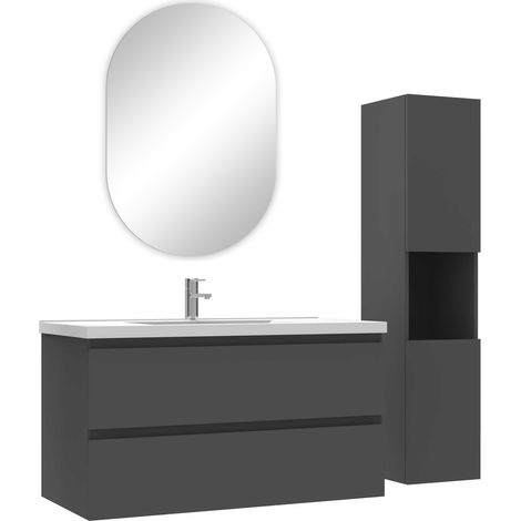 Ocean ensemble meubles simple vasque 100cm,colonne + miroir ovale Anthracite (1/4)