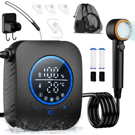 Douche de camping portable, 8000 mAh, portable, écran LED, étanche, câble USB, étui, pour la randonnée (1/5)