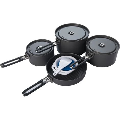 Ensemble de cuisine de pique-nique (noir), comprenant 3 casseroles et 1 poêle.