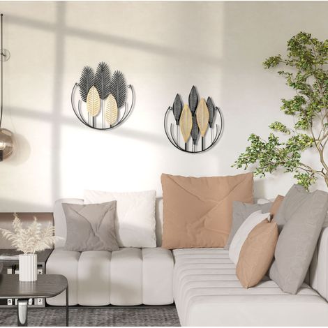 Set di 2 decorazioni da parete 3D in metallo motivo foglie 40 x 46 cm nero e naturale OKWISH (1/5)