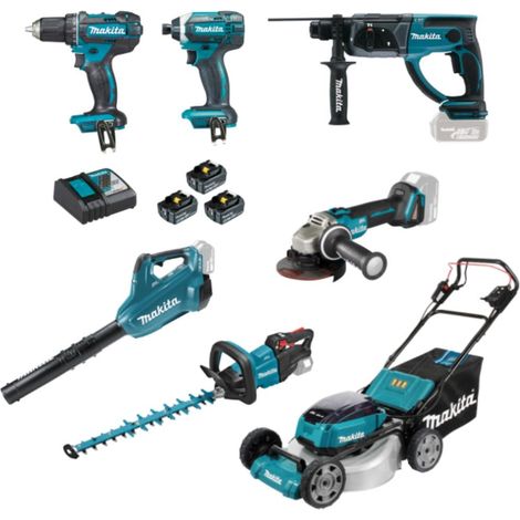 Pack MAKITA 7 machines chantier et jardin 18V batteries 5Ah