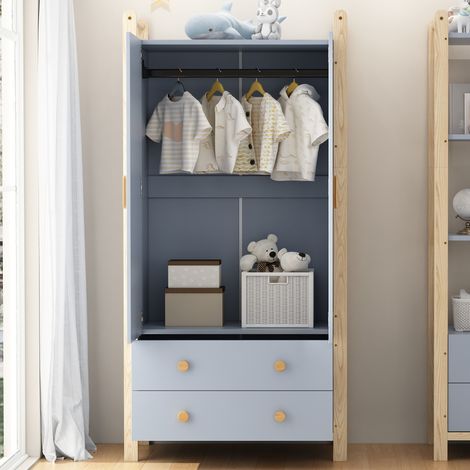 Kleiderschrank 2 Türen 90x45x180 cm, Garderobenschrank mit Kleiderstange und 2 Schubladen für Flur und Kinderzimmer, Blau und Naturholz (1/5)