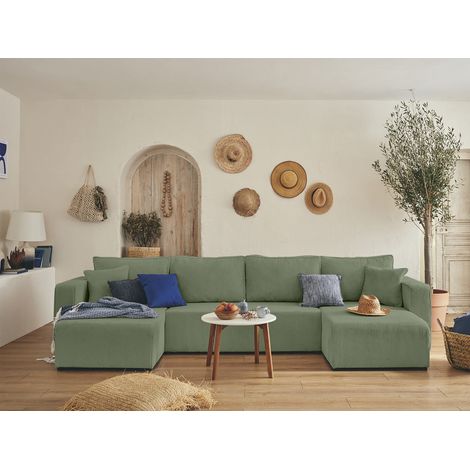 Bestmobilier – Canapé panoramique en u 7 places convertible avec coffre – Velours côtelé vert sauge – Style boho – Couchage d’appoint 280x130 cm (1/5)