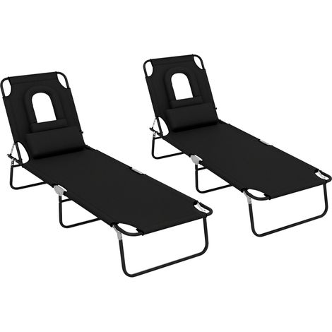 Outsunny Folding Sun Loungers Set of 2 with Face Hole, 4-Position Adjustable Backrest Garden Recliner Chairs Sunbeds, Outdoor Lounge Chairs with 600 D Oxford Cloth Seat, Pillow for Beach, Black (1/5)