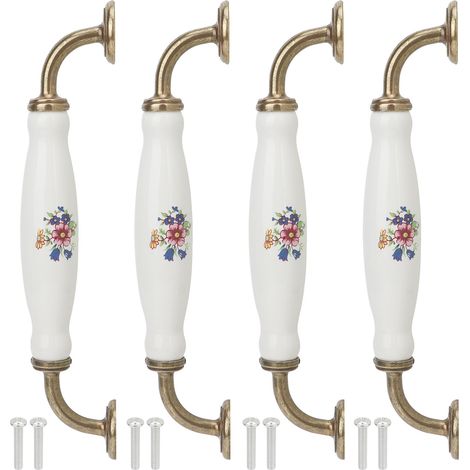 Lot de 4 poignées en céramique vintage blanc tiroir/commode/armoire tire poignée en alliage de zinc bouton de porte d'armoire de cuisine quincaillerie de meubles, espacement de 160 mm.