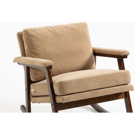 Sillón mecedora vintage moderno de terciopelo marrón claro con estructura de madera (1/5)