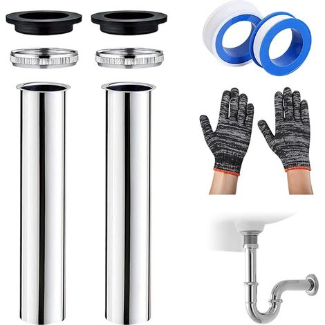 300mm Stainless Steel Plunger Drain Pipe Extension Universal Drain Pipe with Seal Rings Nut and Gloves for Basin Sink Waste (1/4)
