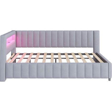 Lit gigogne 140x200, usage quotidien banquette lit, revêtement velours doux, led multicolore, ports usb (1/5)