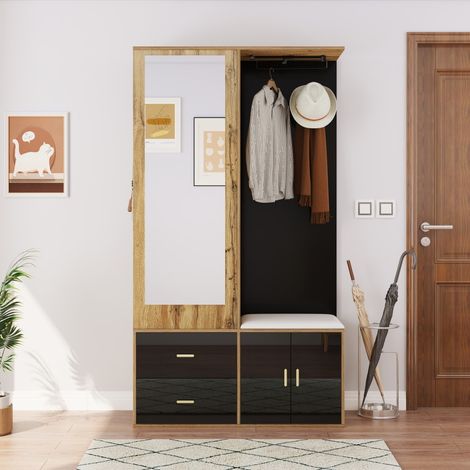 Porte-Manteau Entrée avec Miroir et Banc - Rangement Chaussures Bois Noir/Noir - Cintre Extensible (1/5)