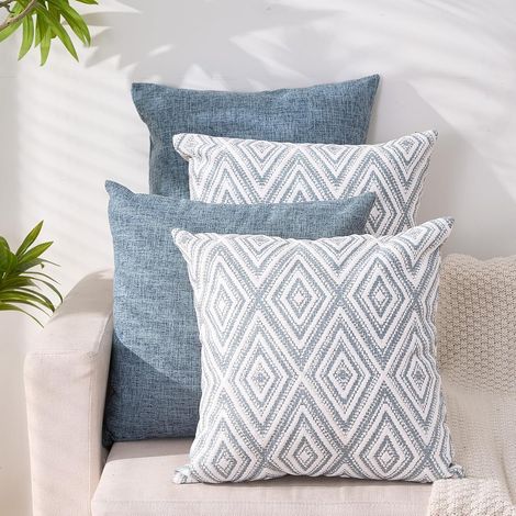 Juego de 4 fundas de cojín decorativas cuadradas de lino para sofá o sala de estar, 45 x 45 cm, color azul