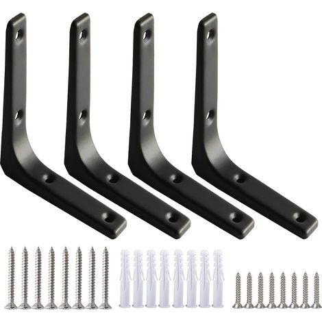 4Pcs Equerre Etagere Murale Noire Equerre Charge Lourde Equerre Fixation 100 x 100mm Support d'Étagère en L Robuste Épaisseur 7,5mm avec Vis pour Étagère Suspendus Placard Déco(Acier) (1/5)