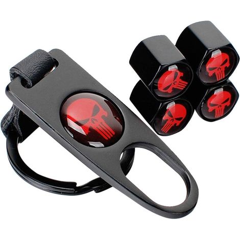 APEX Bouchons de valve de pneu en forme de crâne (4 pièces) avec porte-clés clé (1 pièce). Protection anti-poussière (1/5)