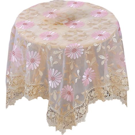 Tovaglia moderna in garza rosa 90x90 cm con ricami e pizzo. (1/3)