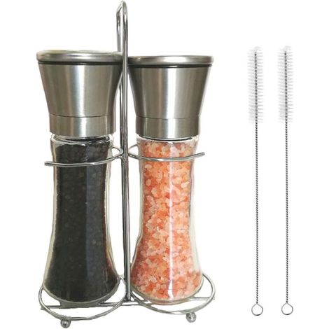 Ensemble de deux salières et poivrières avec socle assorti – acier inoxydable brossé, taille de mouture réglable – grande capacité, facile à remplir – sans BPA, comprend 2 brosses (1/5)