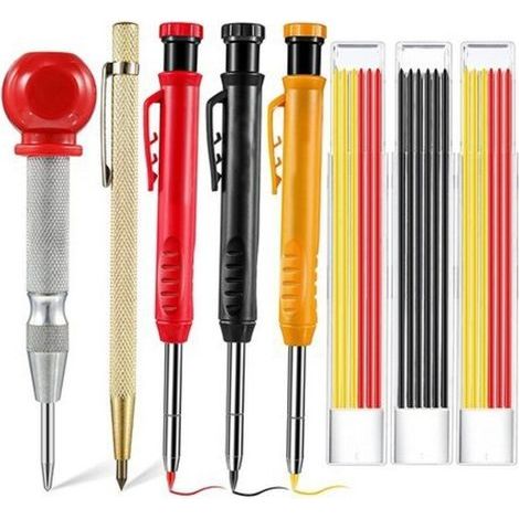 Kit de Crayons de Charpentier Mécanique avec Poinçon Central, Crayons à Bois Massif à Trous Profonds Pointe à Tracer en Carbure avec Taille-Crayon Intégré, 18 Recharges Gris Rouge H427