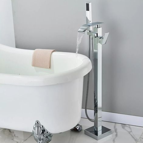 Freestanding Bath Shower Mixer Tap Chrome Waterfall Bath Shower Mixer Tap Shower Head and Hose Set for Bath Taps Bathroom Tub Tap Handheld 360 ° Filler Spout Cold and Hot (1/5)