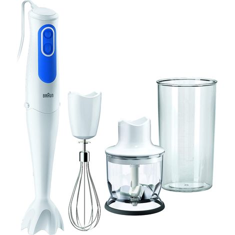 Braun MultiQuick 3 Minipimer MQ3025 Omelette, Frullatore ad Immersione, Dotato di minitritatutto da 350ml, frusta a filo in acciaio inox e bicchiere graduato da 600ml, potenza 700watt, blu/bianco
