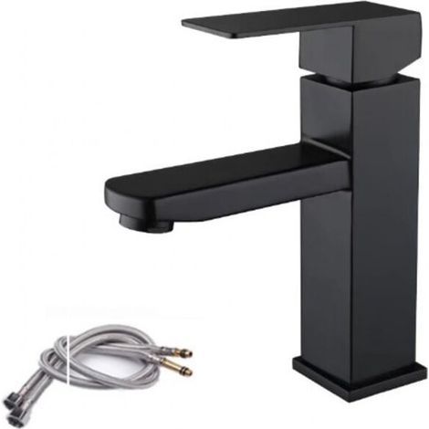 Mitigeur lavabo noir acier inoxidable levier unique eau chaude et froide avec tuyaux inclus robinet lavabo noir mitigeur salle de bain noir (1/4)