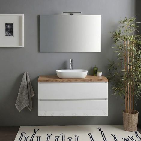 Mobile Bagno Sospeso 100Cm Bianco Lucido Top Rovere Naturale, Specchio Benaco