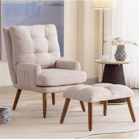 Fauteuil relax beige avec repose-pieds, dossier 5 positions et rangement latéral (1/5)