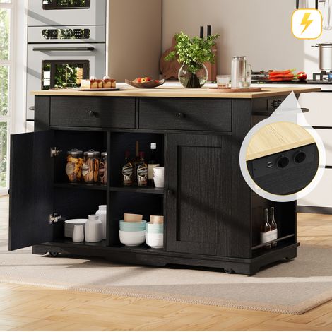 Isla de cocina 151.5x59.7x91.7 cm negro y natural en MDF y metal con tablero plegable y ruedas (1/5)