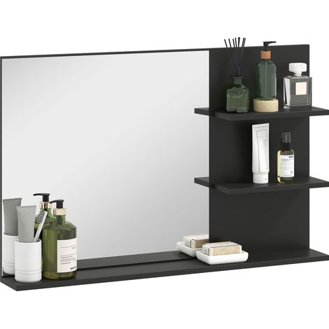 Specchio Bagno Moderno con 2 Ripiani Laterali e Ripiano Inferiore, in Legno e Vetro, 75x10x48 cm, Nero