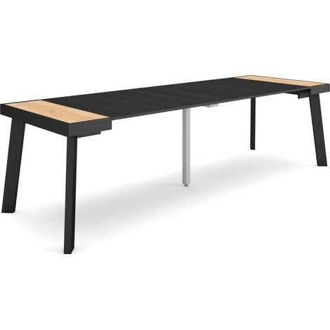 Skraut Home - Table console extensible, Console meuble, 260, Pour 12 personnes, Pieds en bois, Style moderne, Chêne et noir (1/5)